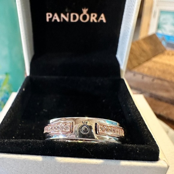 Genuine Pandora Rose Gold Signature Two-Tone Logo Pave Ring 182773C 58 (9) - Picture 2 of 11
